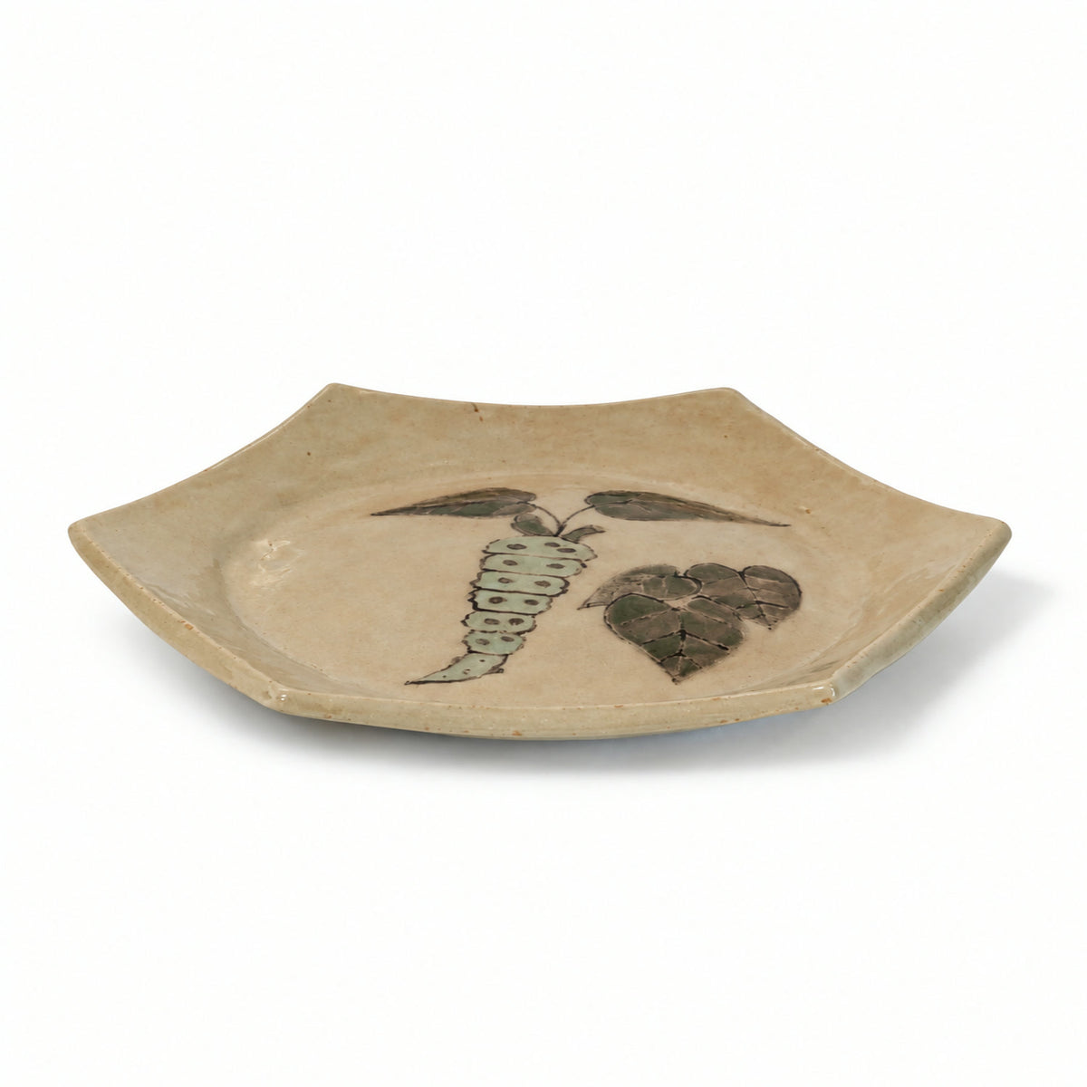 ワークショップマナ 手描き陶器 六角皿B(わさびと葉) 側面の立ち上がり