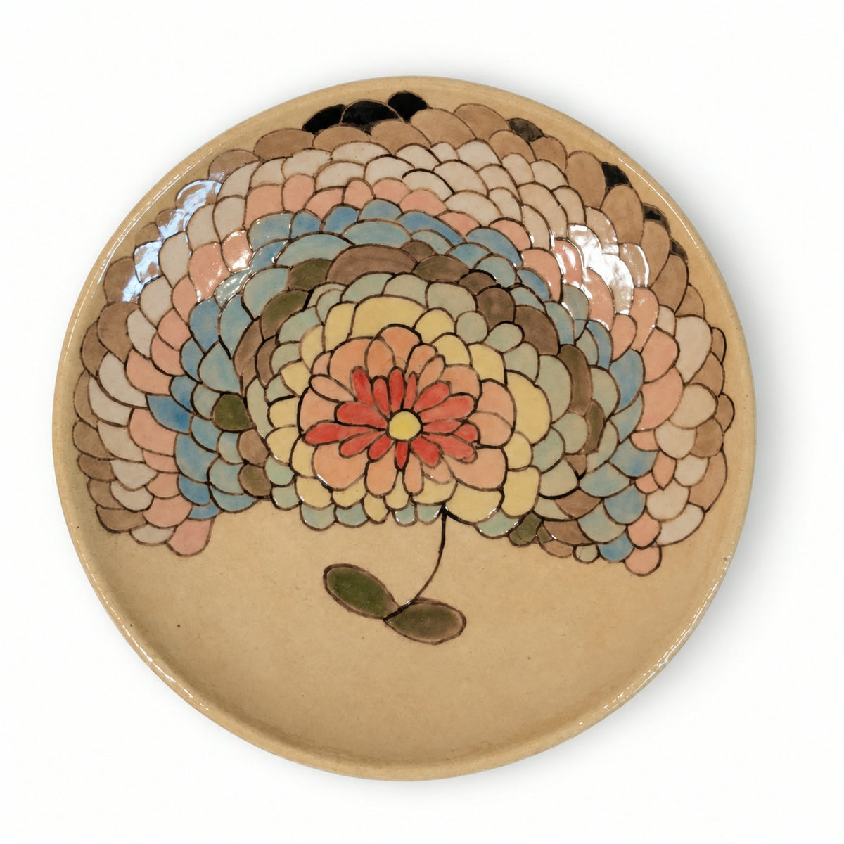 ワークショップマナ 手描き陶器 丸皿C(花) 正面