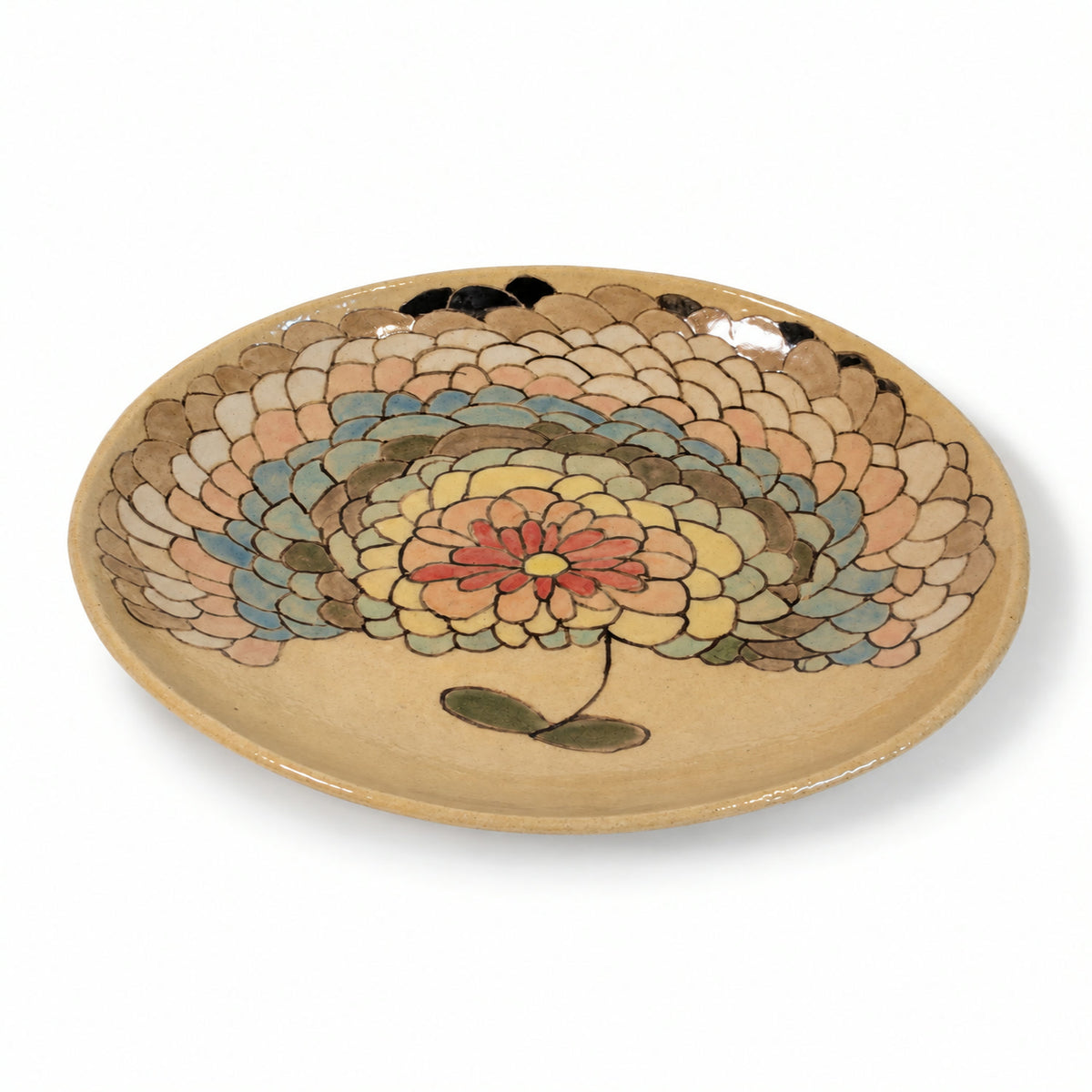 ワークショップマナ　手描き陶器 丸皿C（花） 斜め上から