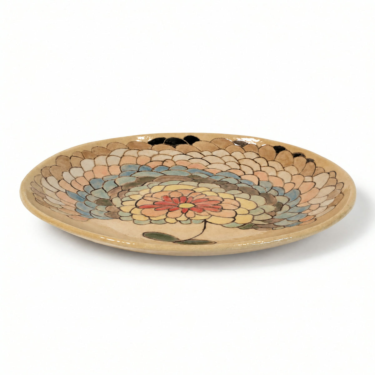 ワークショップマナ　手描き陶器 丸皿C（花） 側面の立ち上がり